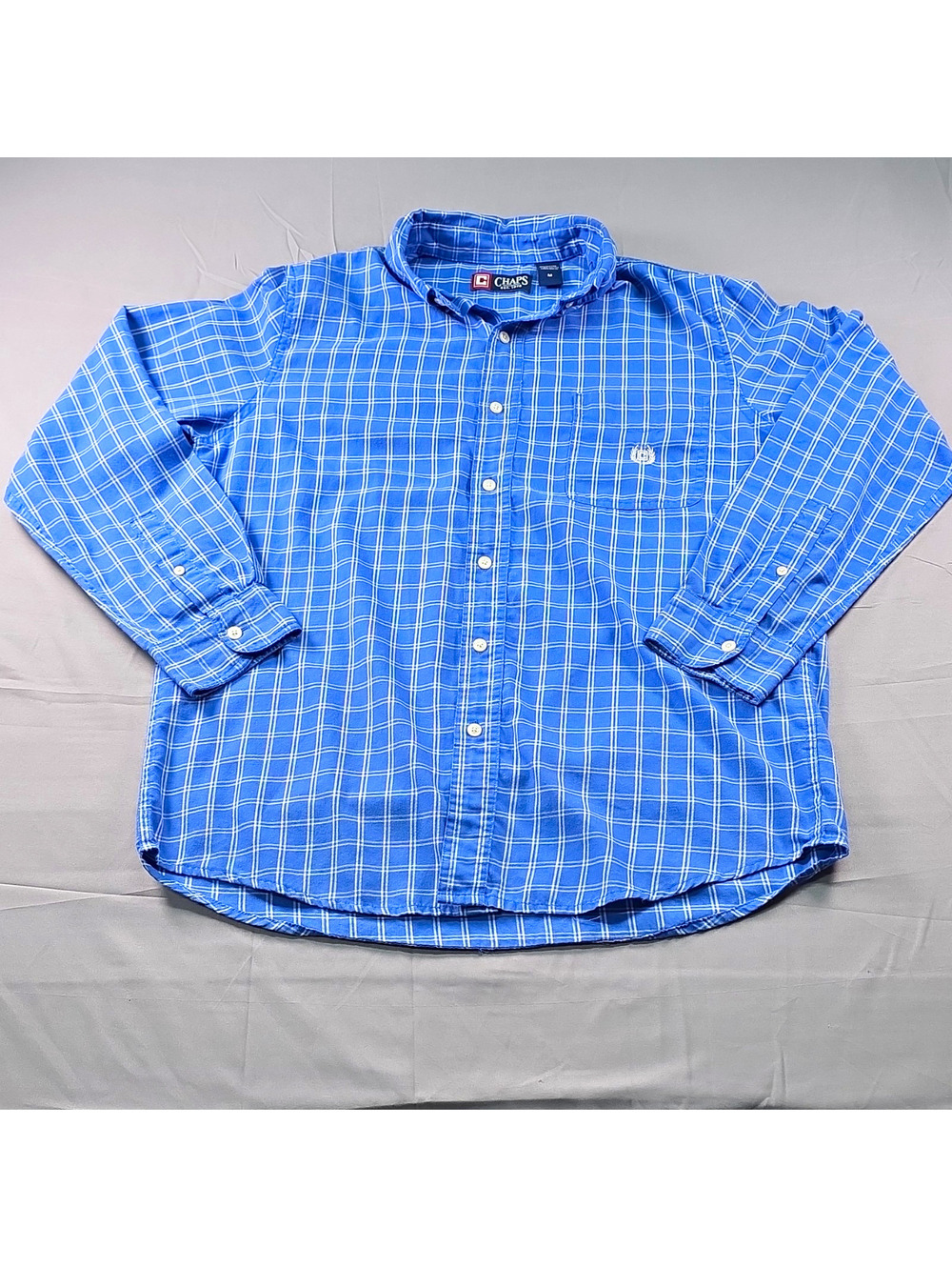 Chaps Mens M Blue White Plaid Woven Cotton Blend Button-Down Shirt Pockets